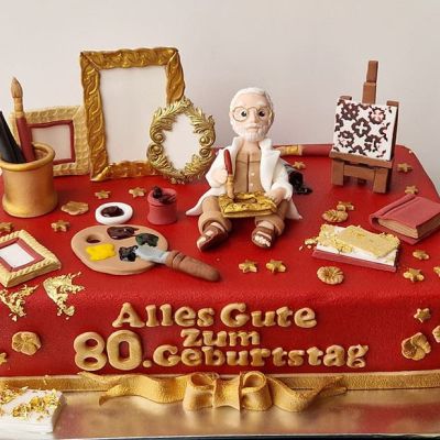 Geburtstagstorte zum 80er mit Maler-Figur, Bilder, Pinsel